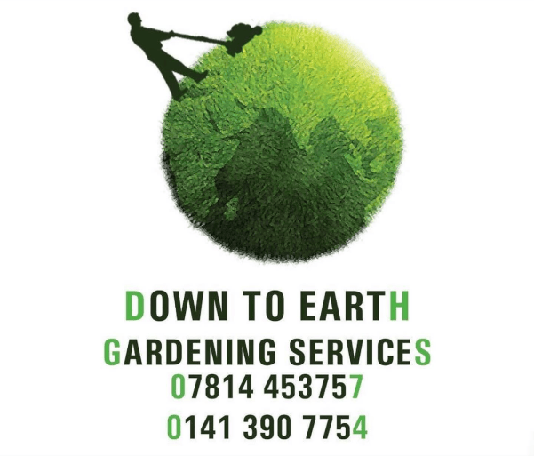 This is a bigger version of the Down To Earth Garden Services business logo.  It is a green globe which a lawnmower man at the top at a slight angle