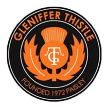 This is Glenifer Thistle Local Paisley Football team logo.  It is the shape of a circle, with a black background with an image of a thistle in the middle in orange telling us the team formed in 1972 in Paisley